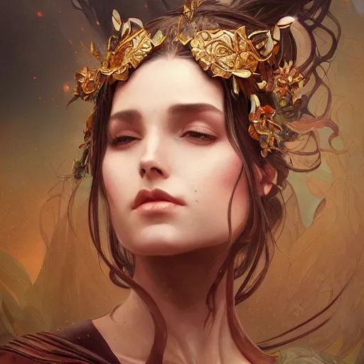 Image similar to portrait of female transcendental creature, D&D, fantasy, intricate, elegant, highly detailed, digital painting, artstation, concept art, smooth, sharp focus, illustration, art by artgerm and greg rutkowski and alphonse mucha