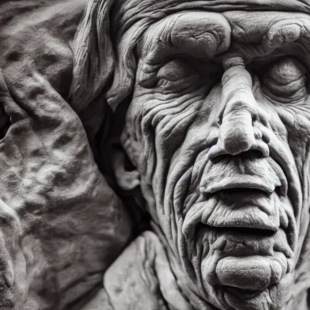 Image similar to photography of a bust of Keith Richards made of clay by Sebastian Kruger and Michelangelo, wrinkles, 50mm, studio atmosphere, 8K, rim light, octane render, ultra-realistic