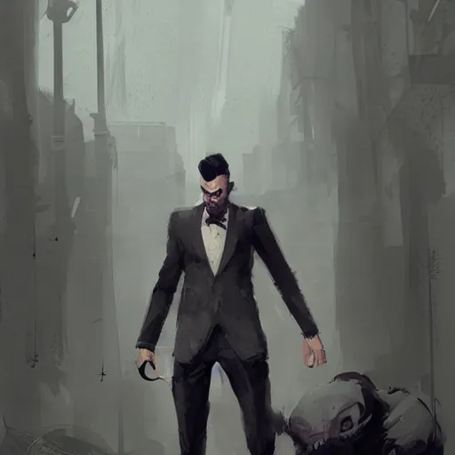 Prompt: human male character art, by Ismail Inceoglu, Kaz Brekker, dark hair, sunken eyes, grinning, scars, grey suit, combed hair, digital art, dungeons and dragons, art