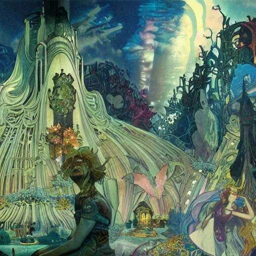 Image similar to a beautiful matte painting of lost in wonderland, a grand scale dystopic event by giger and lisa frank and alphonse mucha