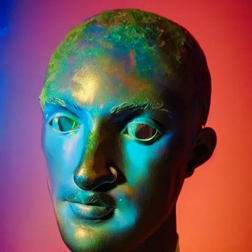 Prompt: Beautiful hyperrealistic colorful Studio photograph of a Figure Sculpture titled A Man is Not A Hotel made of Polished Iridescent Black Opal Portrait Sculpture and Prismatic Geometric Glass sculpted by Gian Lorenzo Bernini in a Bright Gallery, Bright shocking detail hyperrealistic trending on artstation , H- 1024,