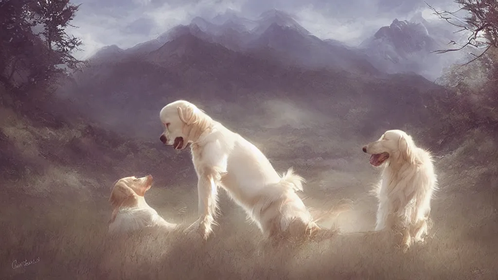 Image similar to “ ballet girl dance with a white golden retriever besides a red cottage, mountains in the background, soft lighting, by charlie bowater, by greg rutkowski ”