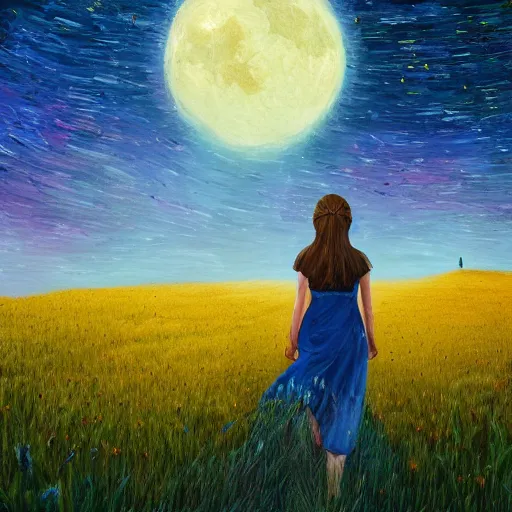 Image similar to giant daisy flowers as a head, girl walking in wheat field, hills, surreal photography, moon light, dark night, star trails, dramatic light, impressionist painting, clouds, digital painting, artstation, simon stalenhag