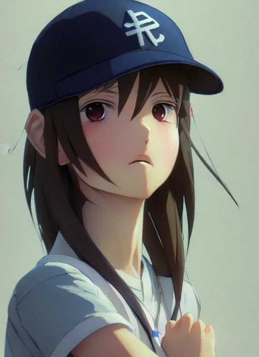 Image similar to close up of a young anime girl, smirking, wearing a backwards baseball hat, finely detailed features, perfect art, trending on artstation, painted by greg rutkowski, makoto shinkai, takashi takeuchi, studio ghibli, akihiko yoshida.