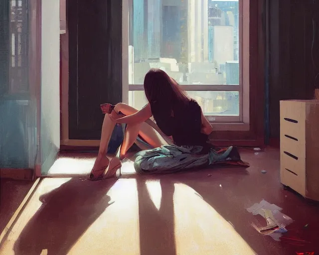 Image similar to A ultradetailed beautiful portrait panting of a stylish woman sitting on the ground of a messy apartment, Oil painting, by Ilya Kuvshinov, Greg Rutkowski and Makoto Shinkai