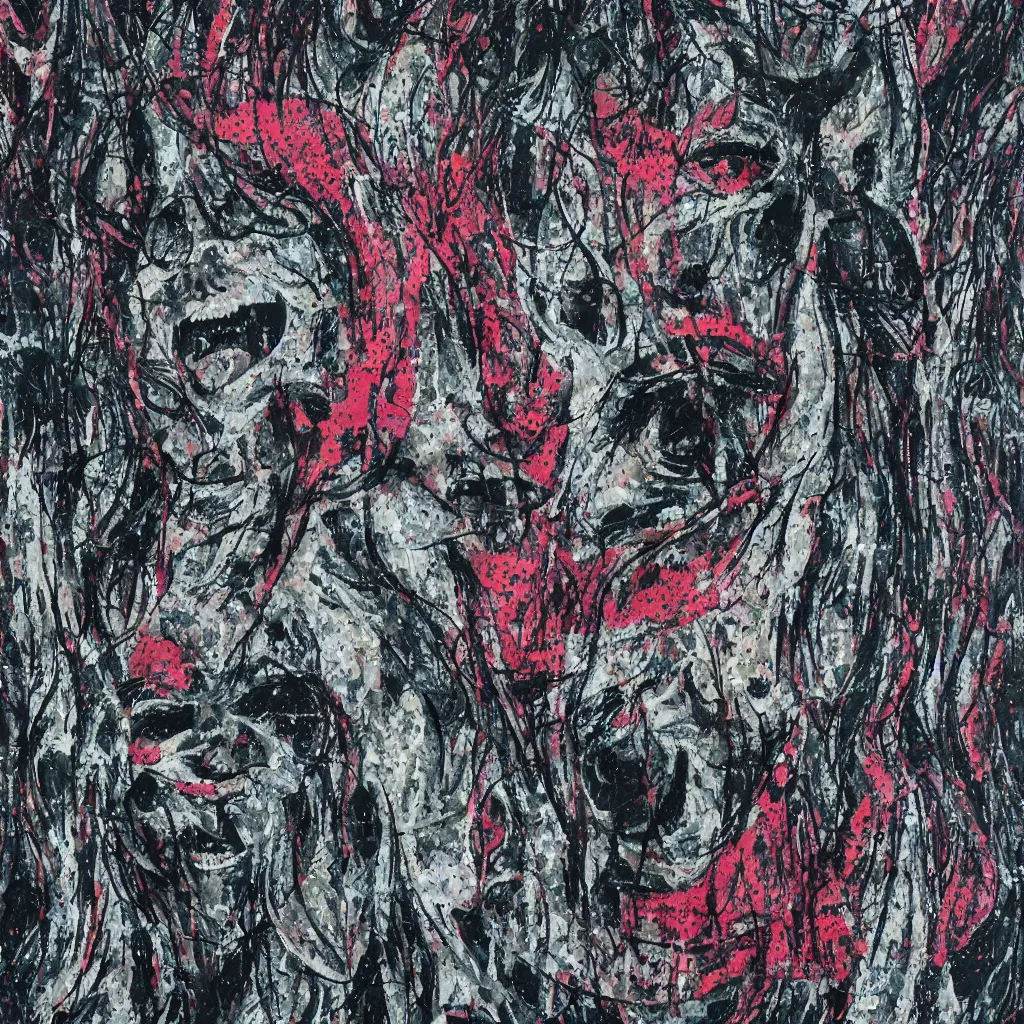 Image similar to camo made of teeth, smiling, abstract, francis bacon artwork, cryptic, dots, spots, stipple, lines, splotch, color tearing, pitch bending, faceless people, dark, ominious, eerie, hearts, minimal, points, technical, old painting, neon colors