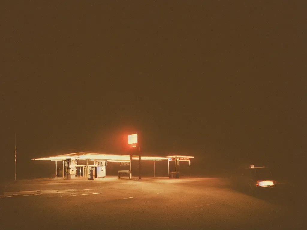 Image similar to “35mm film photography of gas station surrounded by forest, fog, night, mood, cinestill 800t, grain”