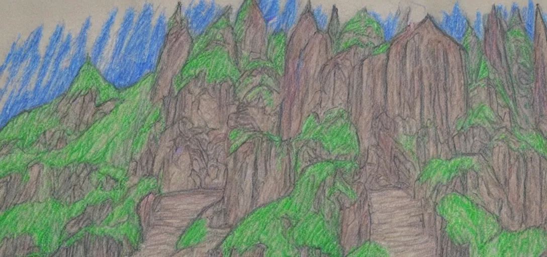 Image similar to Rivendell poorly drawn in crayon by a five-year old