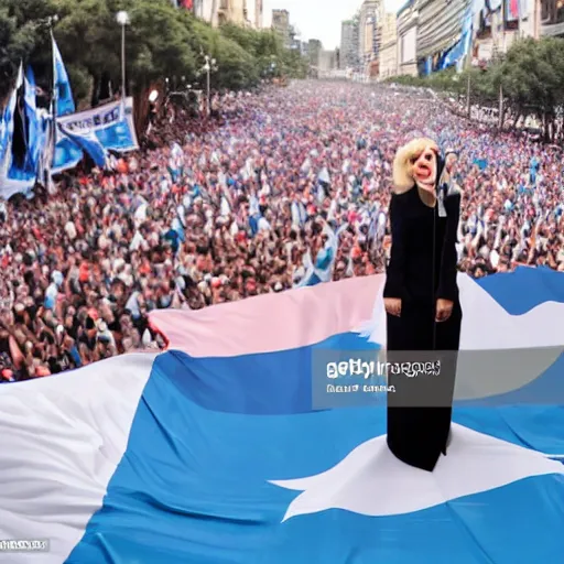 Image similar to Lady Gaga as president, Argentina presidential rally, Argentine flags behind, bokeh, giving a speech, detailed face, Argentina