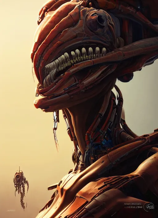 Image similar to asymmetrical!! portrait of an alien with large tubes in face in the style of, machine face, intricate, elegant, highly detailed, digital painting, artstation, concept art, smooth, sharp focus, illustration, art by artgerm and greg rutkowski and alphonse mucha, horizon zero dawn 8 k