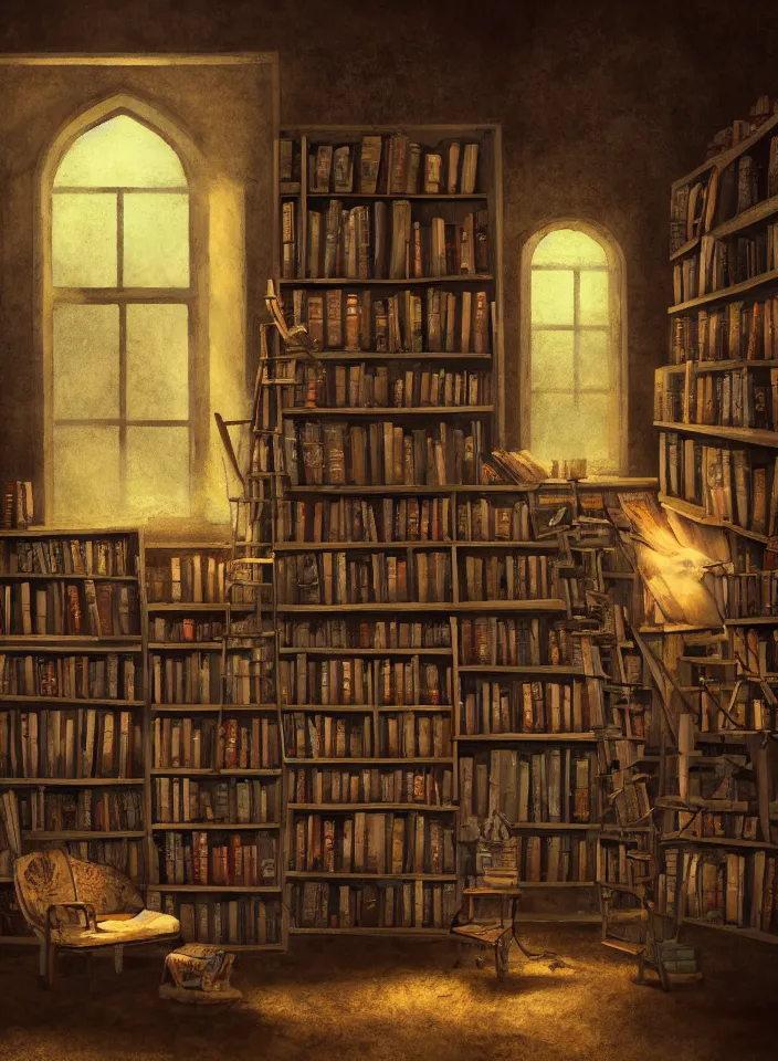 Prompt: an abandoned cozy library, fantasy setting, dusty environment, drab colors, serene lighting, atmospheric, cinematic, moody, in the style of diego koi, gina heyer, luiz escanuela, art by alyssa monk, hyperrealism, rule of thirds, golden ratio, oil on canvas, 8 k