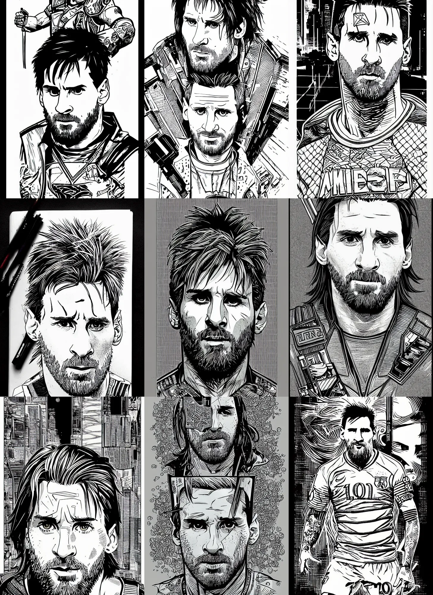 Prompt: lionel messi portrait, cyberpunk 2 0 2 0 manual, by steampoweredmikej, inktober, ink drawing, black and white, coloring pages, manga, highly detailed