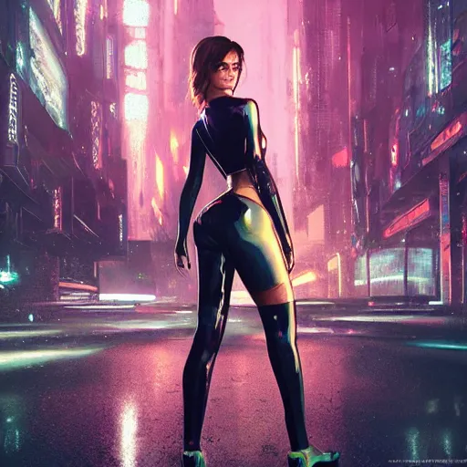 Prompt: a portrait of emma watson wearing skintight latex suit, cyberpunk city in the background as seen by greg rutkowski, light theme, enchanted, warm colors, high quality, waw, trending on artstation