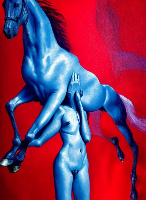 Image similar to only with blue, ney motogrosso in love with a red stallion, too many hands in all directions, in hoc signo vinces, waterfall, in the style of leonora carrington, gottfried helnwein, intricate composition, blue light by caravaggio, insanely quality, highly detailed, masterpiece, red light, artstation