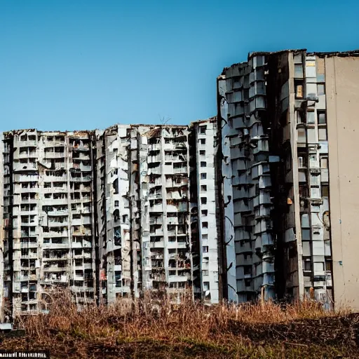 Prompt: The ghostly figure of a housing bloc on top of an abandoned construction site