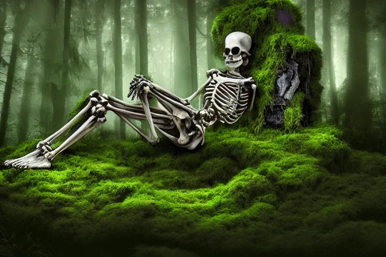 Prompt: human skeleton behind computer overgrown with moss, in forest, dark atmosphere, fanstasy, digital art, very realistic, trending on artsstation, very detailed