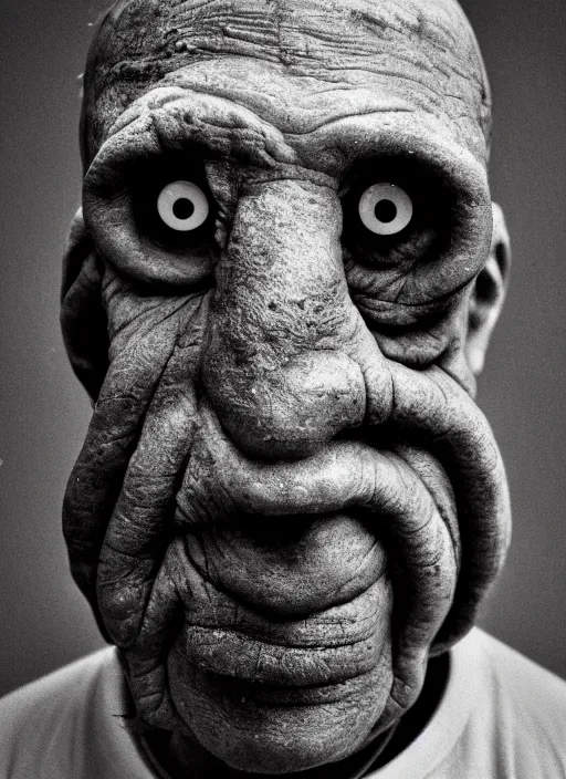 Image similar to A portrait photo of an old cyclope man , high contrast, black and white