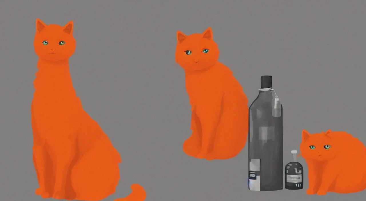 Image similar to a fluffy orange cat standing next to a bottle of medicine. animal. digital art. artstation. illustration. overlay color.