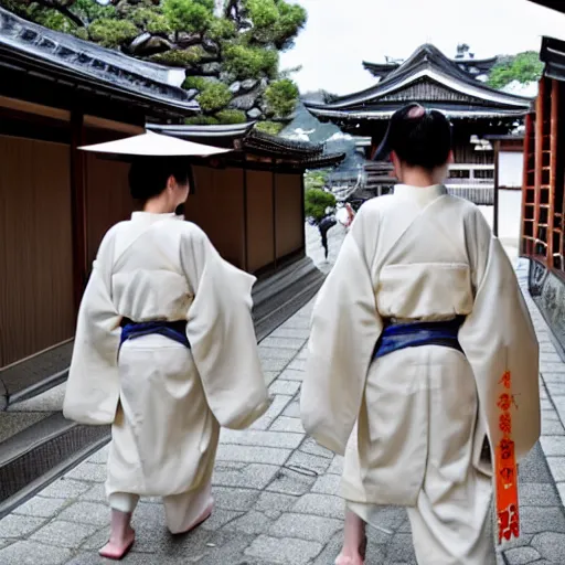 Image similar to real photo of a pair of japanese oni walking in kyoto, high detail,