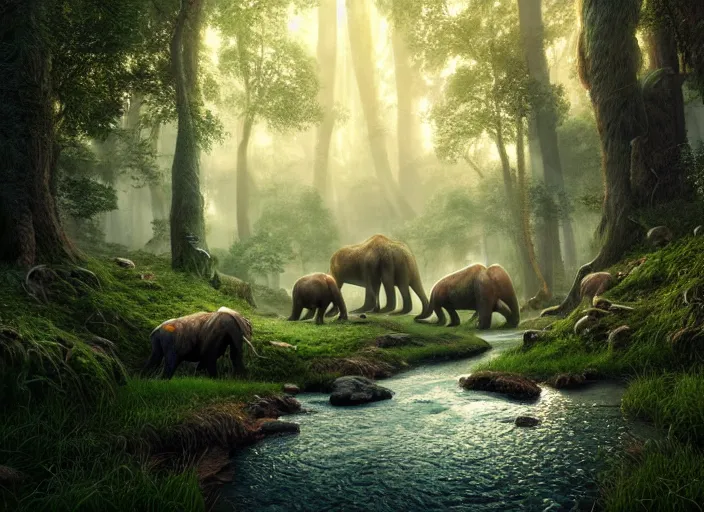 Image similar to hyperrealism, detailed textures, photorealistic 3 d render, a surreal mystical forest with a bright winding creek, a herd of wooly mammoths grazing, ultra realistic cinematic, intricate, cinematic light, concept art, illustration, art station, unreal engine