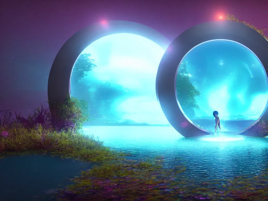 Image similar to a magical circular portal to another world in a lake opening under the water, lights, magical, ethereal, sci - fi, art, 8 k render octane high definition