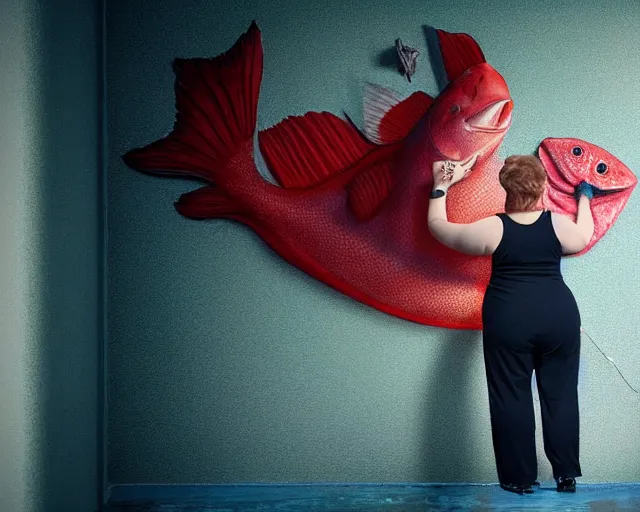 Prompt: an innocent and beautiful scene in hyper realistic style, about an fat old woman, wearing black lace jumpsuit, and painting a huge colorful fish on the wall, lighting from the barred window. shadows. 4 k. wide angle. wild. red mouth, blue eyes. deep focus, lovely scene. ambient occlusion render. unreal engine.