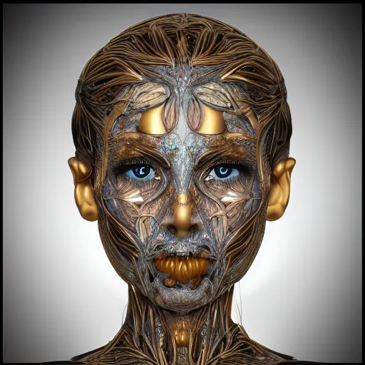 Image similar to beatifull frontal face portrait of a woman, 150 mm, anatomical, flesh, flowers, mandelbrot fractal, facial muscles, veins, arteries, symmetric, intricate, golden ratio, full frame, microscopic, elegant, highly detailed, ornate, ornament, sculpture, elegant , luxury, beautifully lit, ray trace, octane render in the style of peter Gric , alex grey and Romero Ressendi