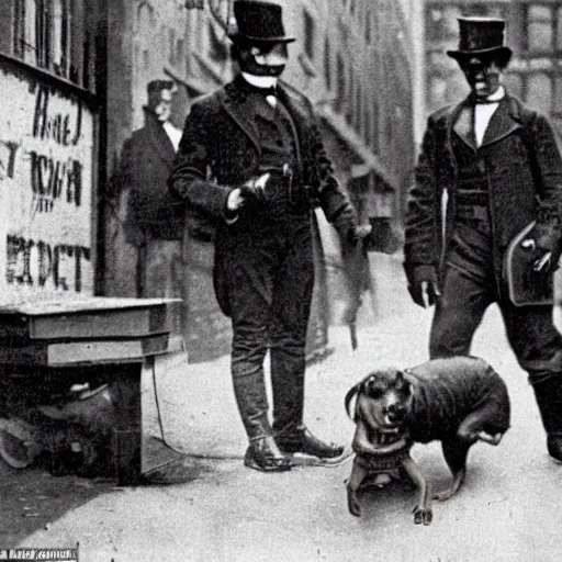 Prompt: a cinematic scene of a steampunk dachsund doing and investigation on a crime scene in 1901 new york streets