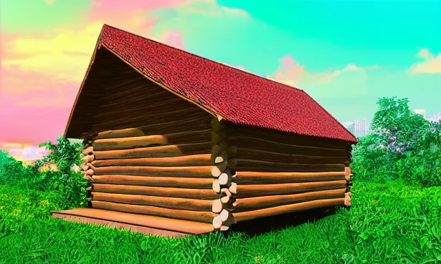 Image similar to golden log cabin in a vaporwave jungle, 4k, ultra realistic, award winning Photograph