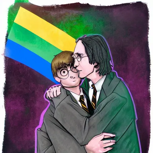 Image similar to harry potter hugging voldemort, pride flag in background, full picture, art by normal rockwell