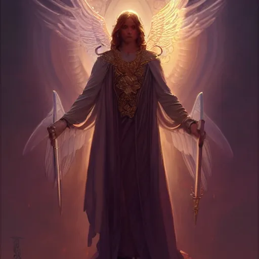 Image similar to attractive angel male deity, casting magic, summoning handsome lucifer morning star, fantasy, intricate, elegant, highly detailed, digital painting, artstation, concept art, matte, sharp focus, illustration, art by artgerm and greg rutkowski and alphonse mucha