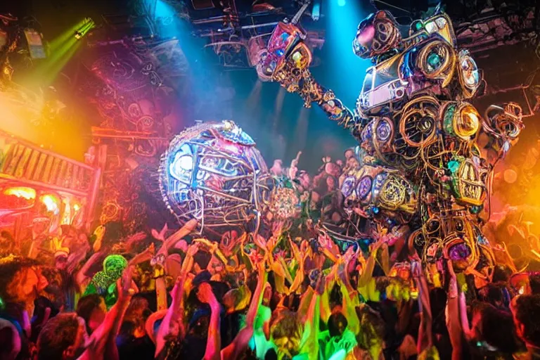 Prompt: scene is elrow party in amnesia in ibiza, portrait photo of a giant huge golden and blue metal steampunk robot, with gears and tubes, eyes are glowing red lightbulbs, audience selfie, shiny crisp finish, 3 d render, 8 k, insaneley detailed, fluorescent colors, haluzinogetic, background is multicolored lasershow