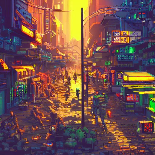 Image similar to fantastic lighting, pixel art, high detail , 16 bits, cyberpunk market, 2d