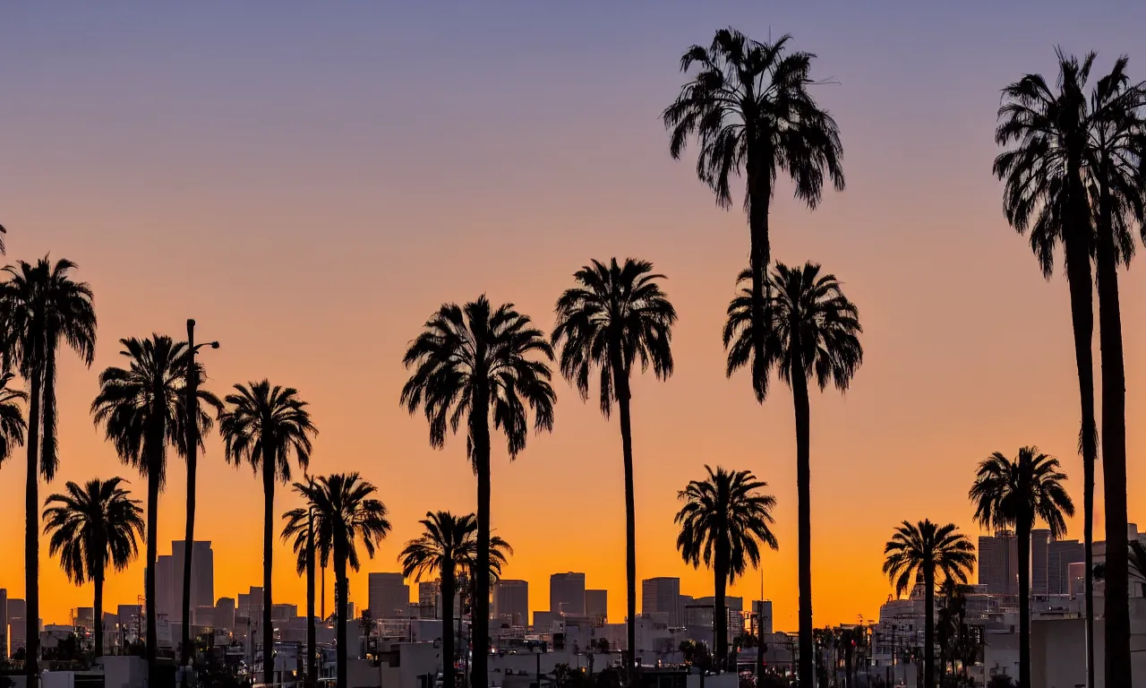 Prompt: Pasadena California, LA summer sunset, Los Angeles Downtown Skyline Silhouette, California Palm Tree's lining the streets, Downtown US Bank Tower Centered, trending on artstation, 30mm, by Noah Bradley
