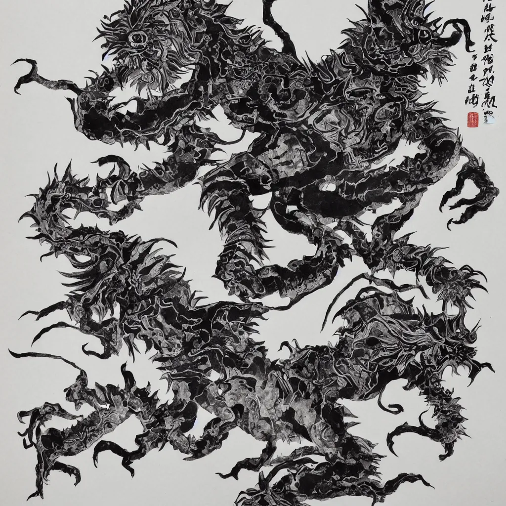 Prompt: chinese ink painting of a bony monster