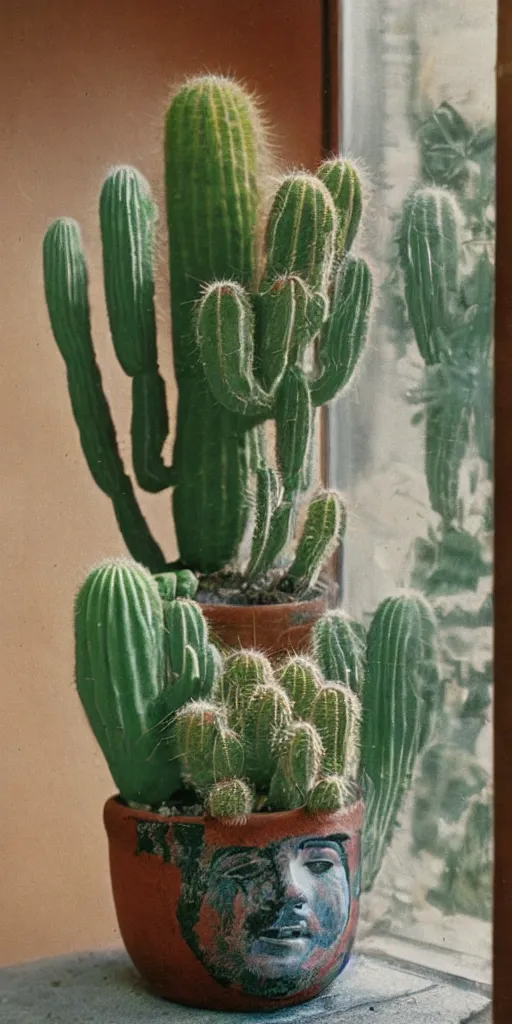 Prompt: 1980s magazine photo of potted cactus inside a ceramic pot with a face on it, next to a window with dappled natural light, smoky