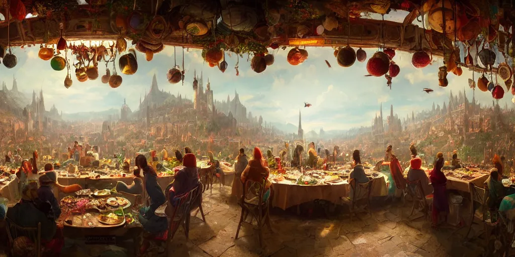 Image similar to matte painting of a fisheye view of a gigantic table with a banquet of delicious food of many colors and flavors, by greg rutkowski, trending on artstation, high quality, global light, tilt shift