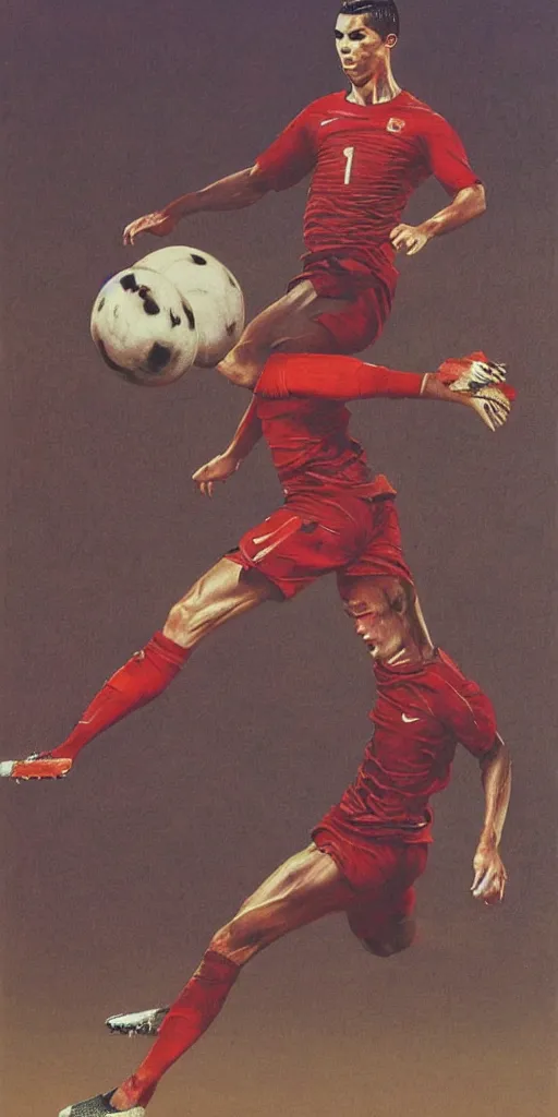 Image similar to cristiano Ronaldo tackling a ball of meat by Zdzisław Beksiński, football nike