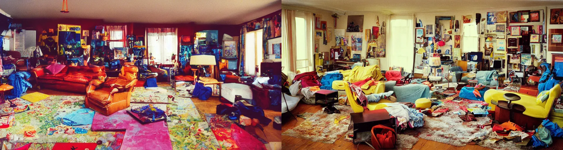 Prompt: 90's Professional Color Photography, Nikon, Cluttered living room. Summer