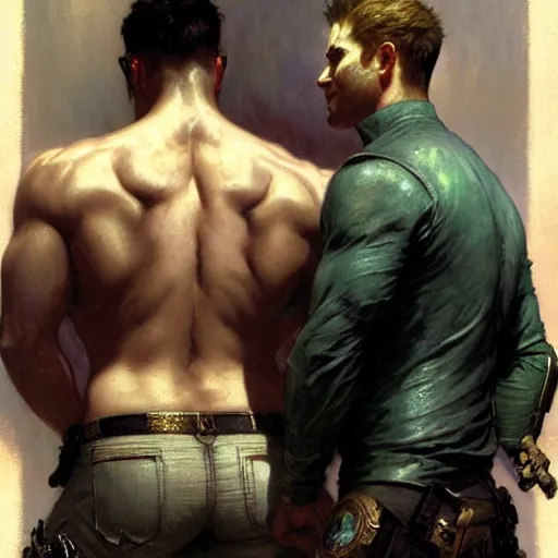 Image similar to back tattoo of albert wesker and chris redfield, by gaston bussiere, craig mullins, greg rutkowski, alphonse mucha