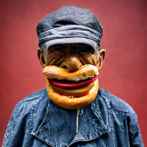 Image similar to an elderly man wearing a mask made from a hotdog, bold natural colors, national geographic photography, masterpiece, 8 k, raw, unedited, symmetrical balance