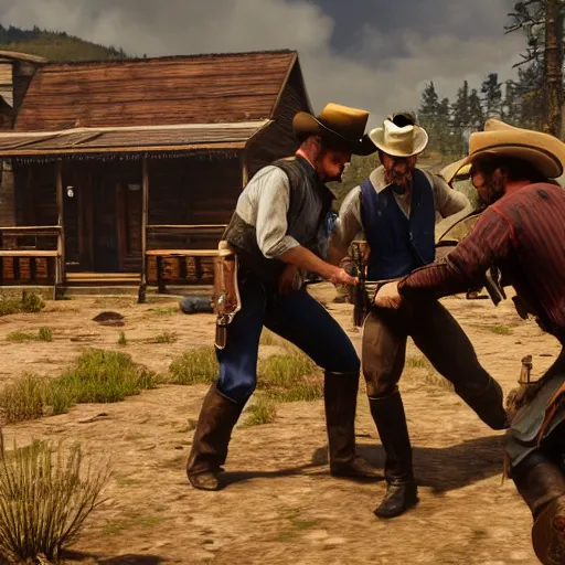 Image similar to a saloon fight between cowboys in the style of rockstar red dead redemption 2, concept art, 8 k, trending on artstation, brushstrokes