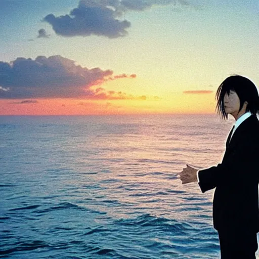 Prompt: japanese man with long hair in a suit standing in the ocean looking at the camera, wide shot, far!!!!!!! away, zoomed out, distance!!!!!!! shot, sunset, centered!!!!!!!!!!, album cover, tatsuro yamashita, 1980, ride on time