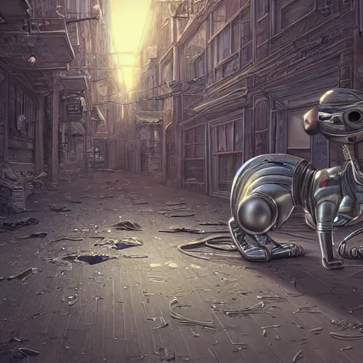 Image similar to gold and silver tones, cybernetic cat in a deserted town, style of moebius, james jean, rutkowski, cinematic, high detail, award winning, 8 k photorealistic