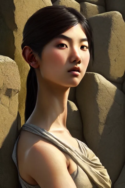 Image similar to beautiful digital painting of a young asian model stone wall with high detail, 8 k, stunning detail, works by artgerm, greg rutkowski and alphonse mucha, unreal engine 5, 4 k uhd