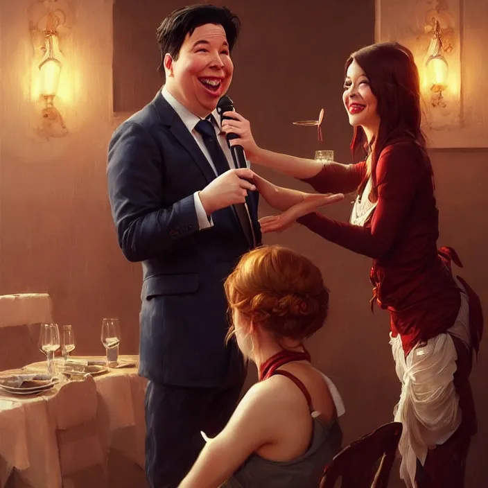 Image similar to michael mcintyre flirting with a singing waitress, elegant, real life skin, intricate artwork, high detailed, artstation, concept art, smooth, sharp focus, art by artgerm and greg rutkowski