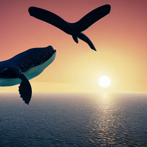 Prompt: whale flying over fishing village, unreal engine, 3 d studio, digital art, dramatic colour