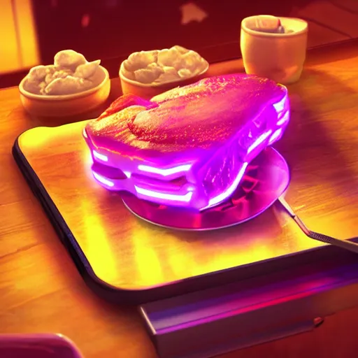 Image similar to neon gaming LED porkchops and mashed potatos, HD, trending on artstation, instagram post, -H 640