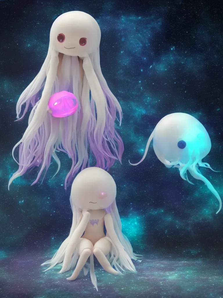 Image similar to cute fumo plush alien jellyfish girl sitting on a small island floating in the dark galactic abyss, heart eyes, vignette, vray