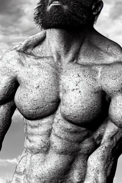 Image similar to a single muscular man wearing torn clothes, looking to the right, profile picture, hyperrealistic, concept art, octane render, unreal engine 5, trending on artstation, high quality, highly detailed, 8 k, dramatic lighting, cinematic, high coherence, anatomically correct, five fingers, digital art, seductive, black and white, big beard, epic